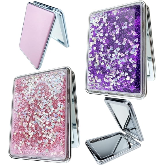 LINLIN 2 Pcs Compact Mirror Mini Folding Makeup Mirror Pink & Purple Travel Mirror Double Side Portable Mirror for Men Women Girls Pocket Wallet