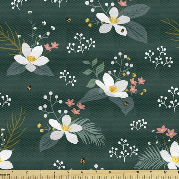 Botanical Fabric by the Yard, Floral Theme Flowers and Leaves Pattern in Vintage Style Along Small Butterflies, Upholstery Fabric for Dining Chairs Home Decor Accents, Multicolor by Ambesonne