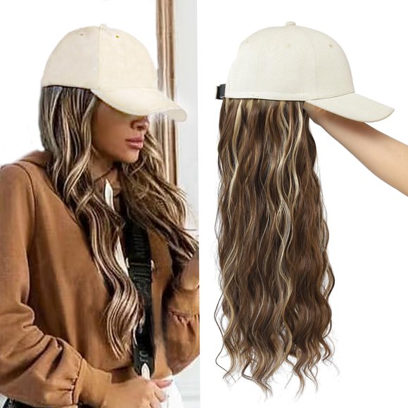 Yunkang Gorra de béisbol Peluca Extensiones largas de cabello ondulado natural con sombrero Postizos de fibra sintética resistentes al calor Peluca ajustable para mujeres y niñas (MH-rubio marrón)
