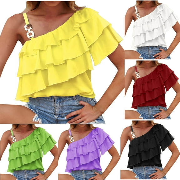 HAPIMO Women's Trendy Loose Tops Tunic Sleeveless One Shoulder Ruffle Pullover Elegant Casual Relaxed Blouses for Teen Girls Summer Tees Solid Color White XL
