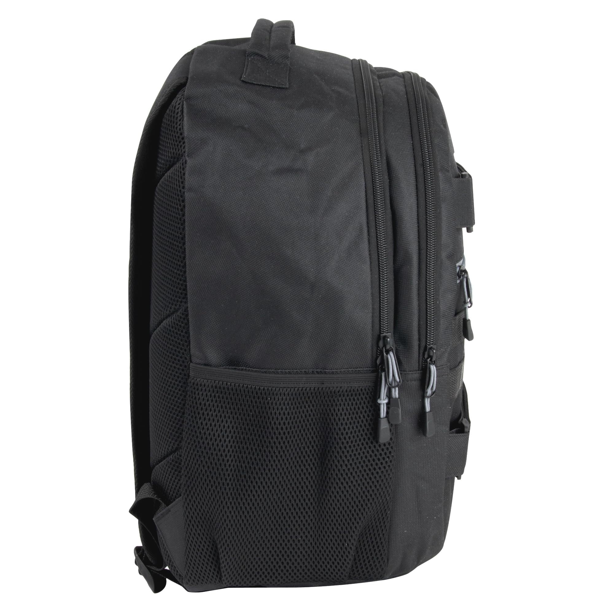 Trail Maker 24 Pack of Bulk Wholesale 19 Inch Heavy Duty, Dual Compartment, Laptop Backpacks with Skateboard Straps for Work, School, College, Skating, Charity and Homeless Donation in All Black Pack