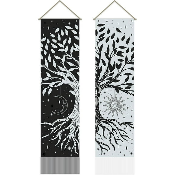 2 Pcs Tree of Life Tapestry Black and White Long Vertical Tapestry Wall Hanging Sun Moon Star Wall Tapestry Goth Mystic Aesthetic Tapestry Mixed Color(51x13 Inch) DIY