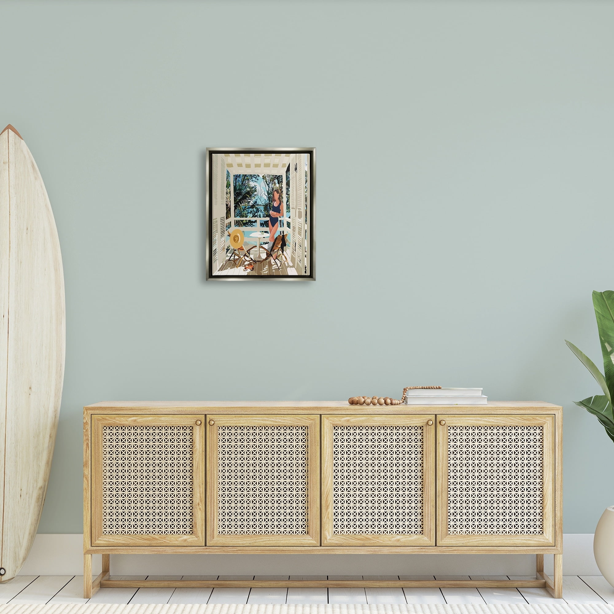 Stupell Industries Woman Coastal Beach Canopy Summer Ocean Scene Graphic Art Luster Gray Floating Framed Canvas Print Wall Art, Design by Amelia Noyes