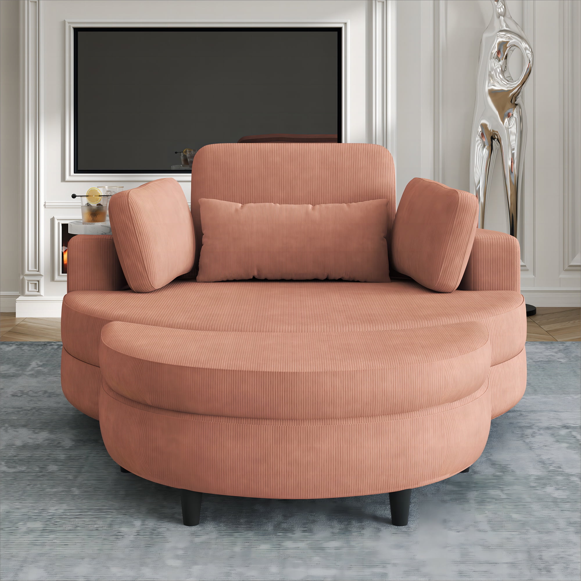Aukfa 51" Oversized Accent Chair with Ottoman Set, Living Room Barrel Chair Corduroy Chaise, Orange
