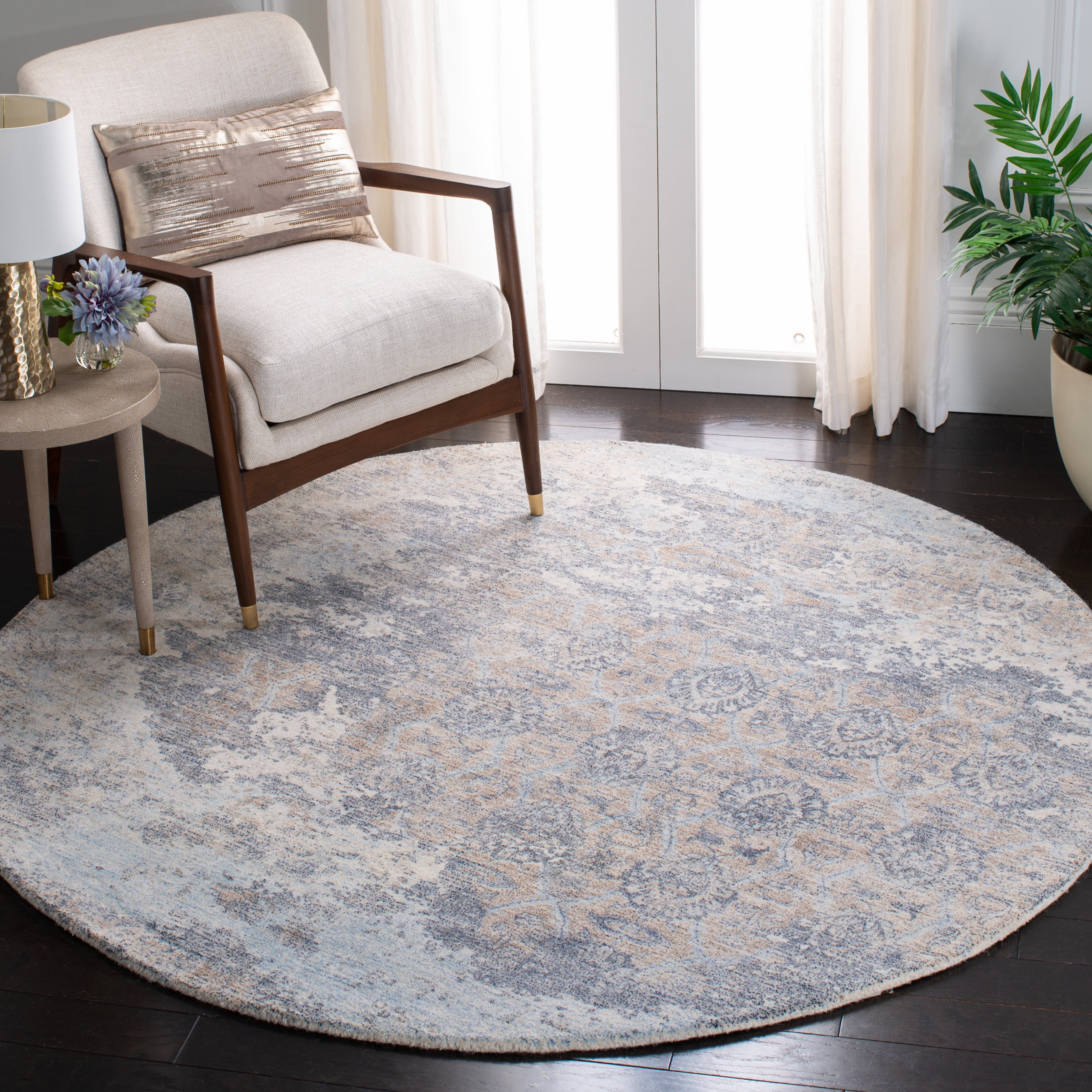 SAFAVIEH Restoration Vintage Lara Abstract Area Rug, Blue/Ivory, 6' x 6' Round