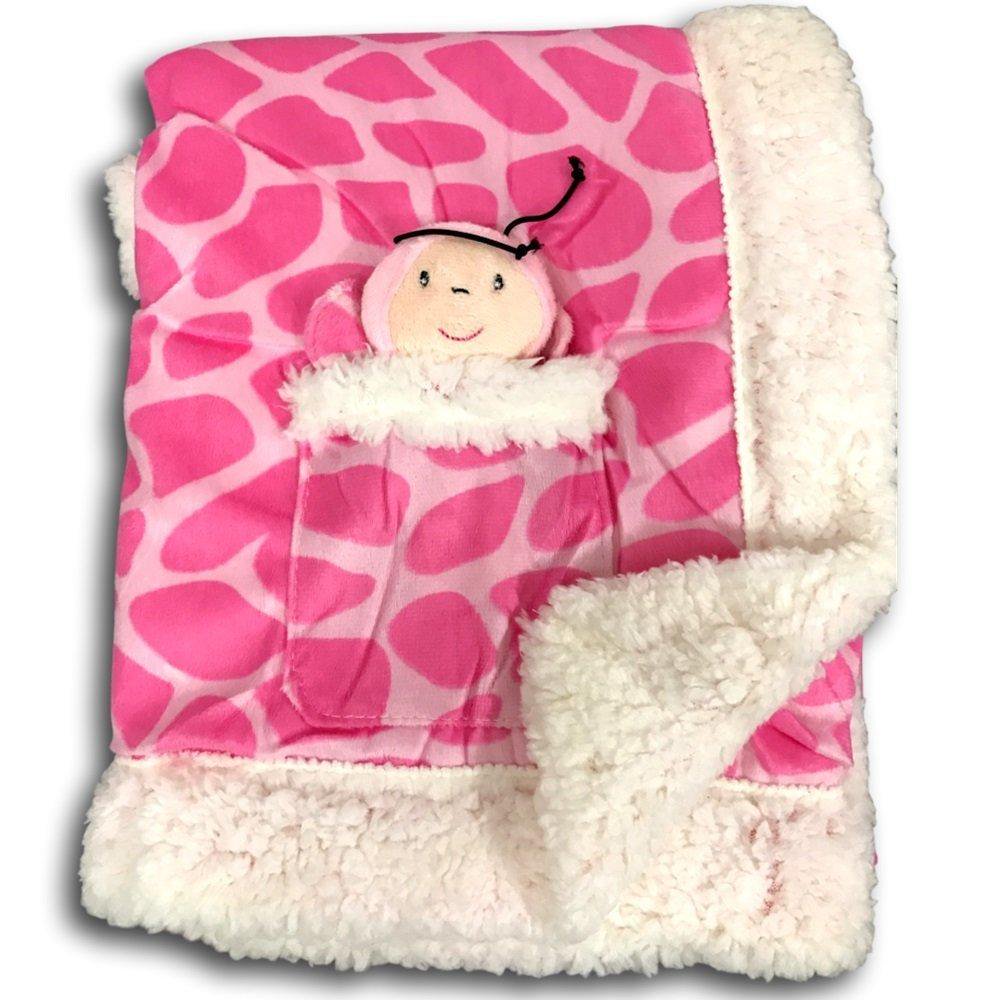 Plush Reversible Velour and Sherpa Baby Blanket with Stuffed Toy PINK