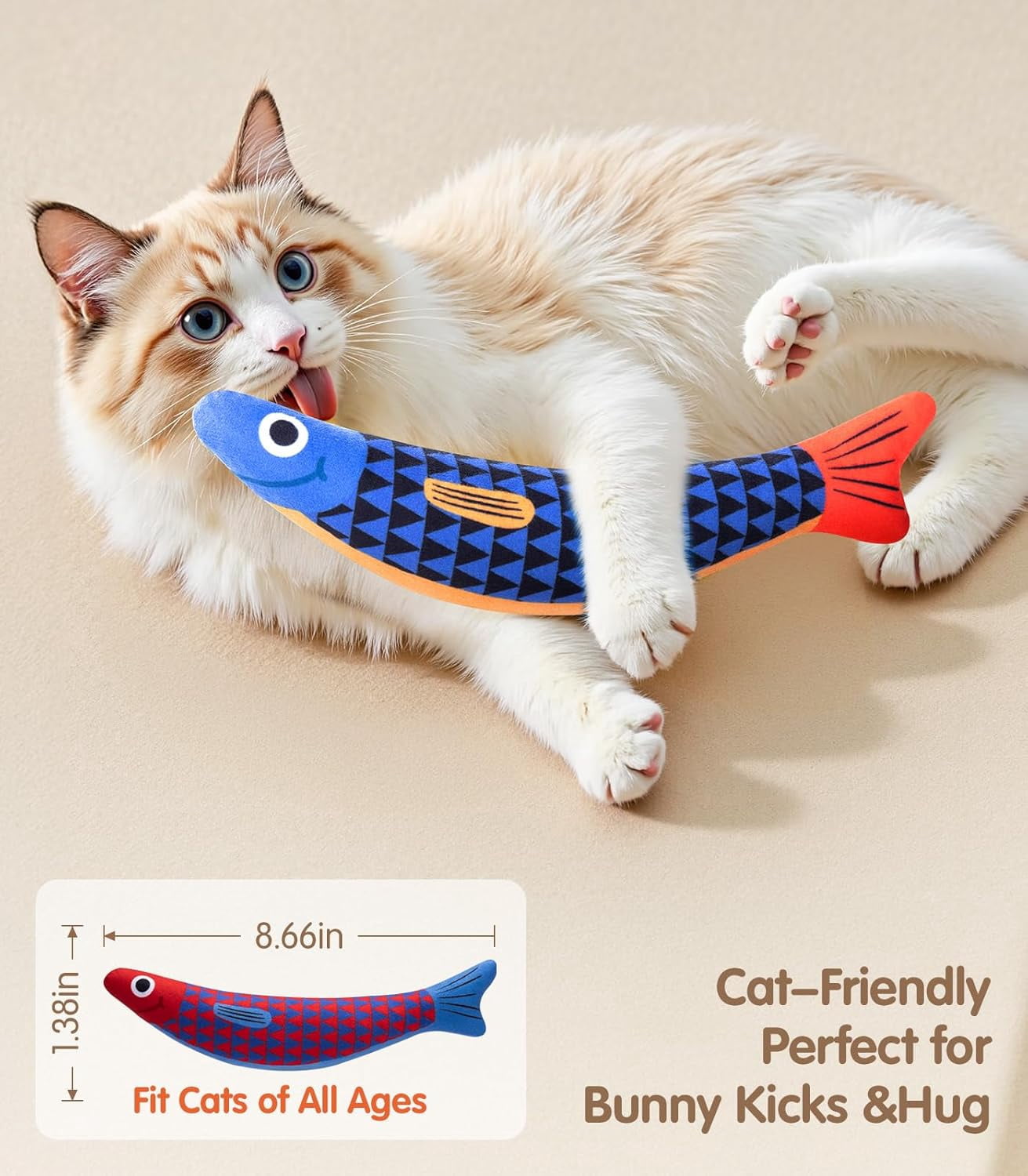 Cat Toys with[5000mg A+Natural Catnip &Silvervine] [Baby Grade] Interactive Soft Chew Kicker Cat Toys for Indoor Cats & Kittens, [Crinkle &Bell] Fish Sound Toy, Drives Bored Cat Crazy with Fun