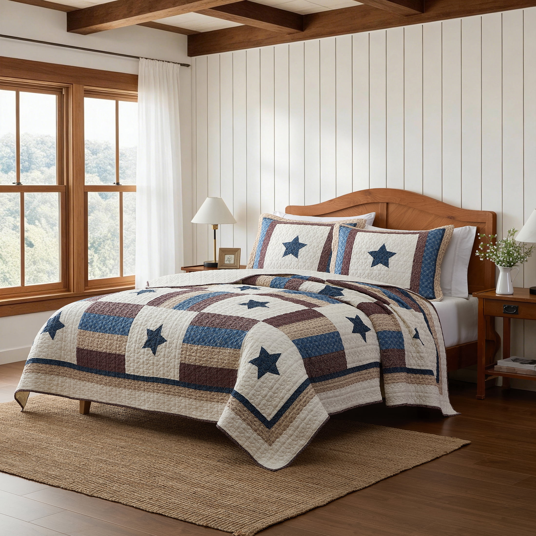 Country Home Queen Quilt Set, 100% Cotton & Reversible, Americana Stars Patchwork, 3-Piece