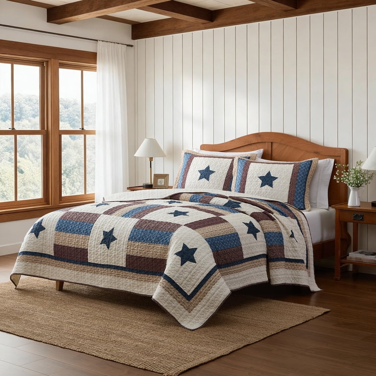 Country Holiday Americana Stars 100% Cotton Quilt Set, Queen photo 2