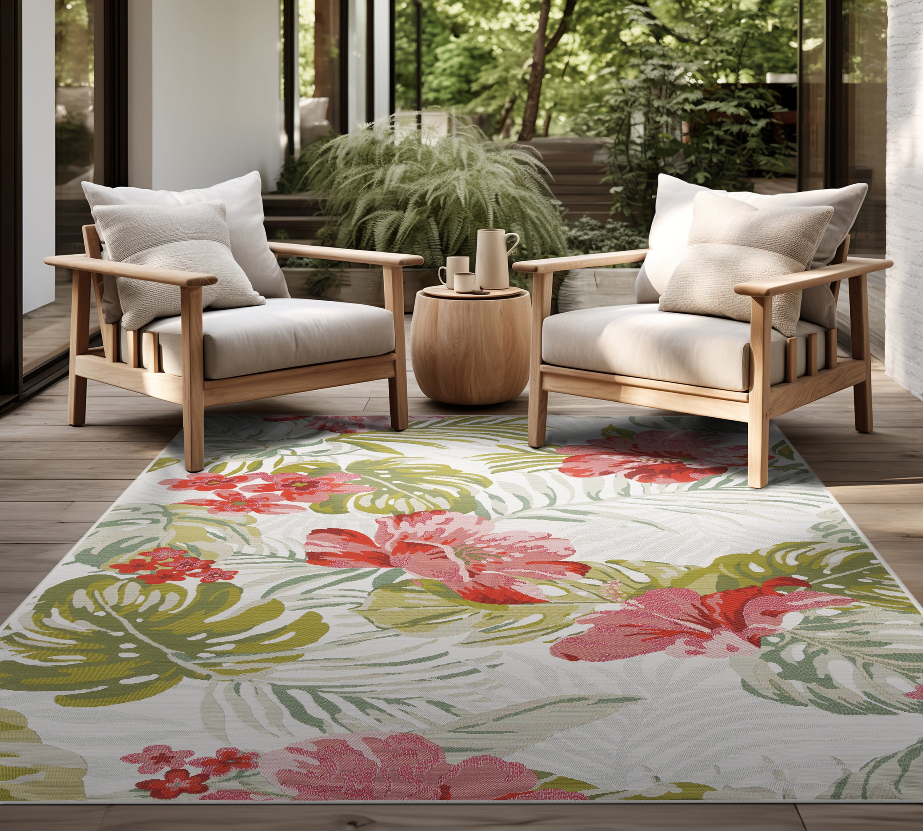 Stunning Transitional 2' x 7' Cream and Pink Polypropylene Outdoor Area Rug
