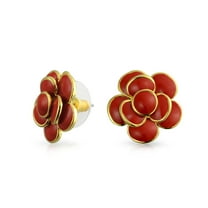 Bling Jewelry Womens Fashion Enamel 3D Red Rose Flower Stud Earrings Button Style Gold Plated