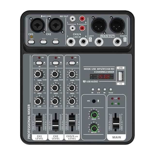 4 Channel Mixer 48V Phantom Power USB Studio Sound Mixers Bluetooth DJ Console Mixing