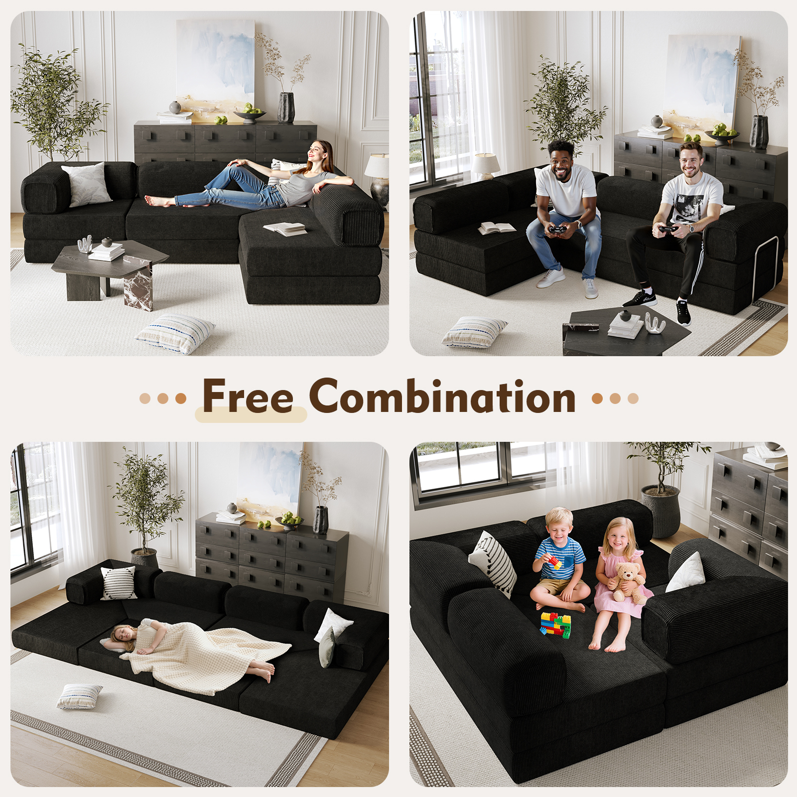 MEISSALIVVE 108" L-Shaped Modular Sectional Sofa with Chaise, Cloud Deep Seat Couch with Removable Pillows, No Assembly Required for Living Room & Bedroom (Black)
