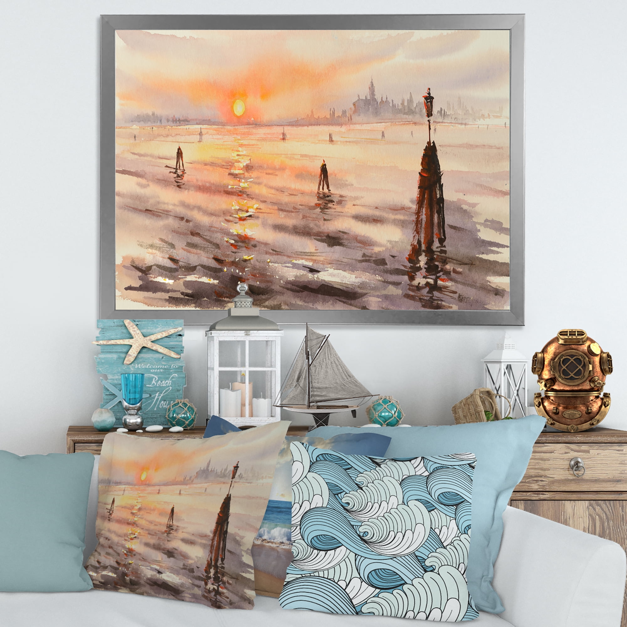 Designart 'Panorama of Venice Laguna Beach At Sunset' Nautical & Coastal Framed Art Print