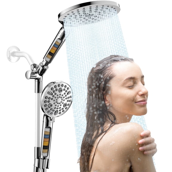 KAIYING Filtered Dual Shower Head System, 9-Mode Rain and Handheld Spray Combo with Adjustable Extension Arm, Chrome