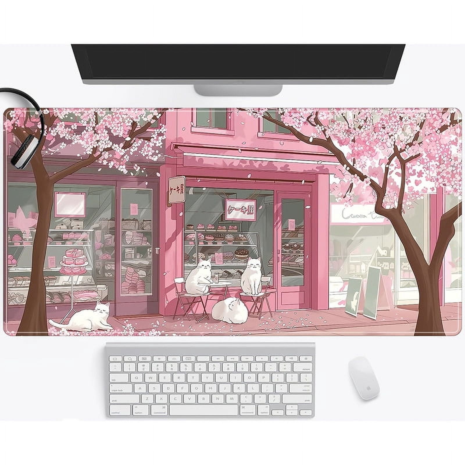 Large Pink Cherry Blossoms Anime Cats Mouse Pad - Non-Slip, Waterproof Rubber Base 31.5x11.8 inch Gaming Deskpad with Stitched Edges