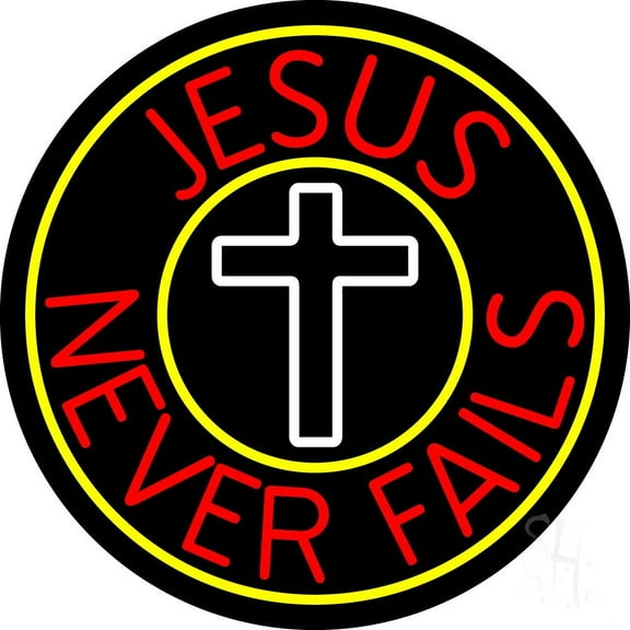 Red Jesus Never Fails With Border LED Neon Sign 18 X 18 - inches Black Square Cut Acrylic Backing, with Dimmer - Premium built indoor Sign for Home décor, Religious place, Store interior.