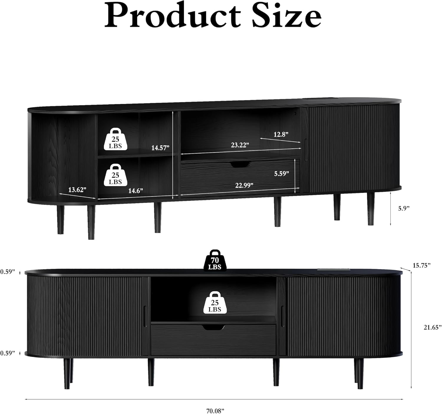 71" Mid-Century Modern Fluted TV Stand with Power Outlet, Sliding Door & Adjustable Shelves, for TVs up to 80 Inches, Black