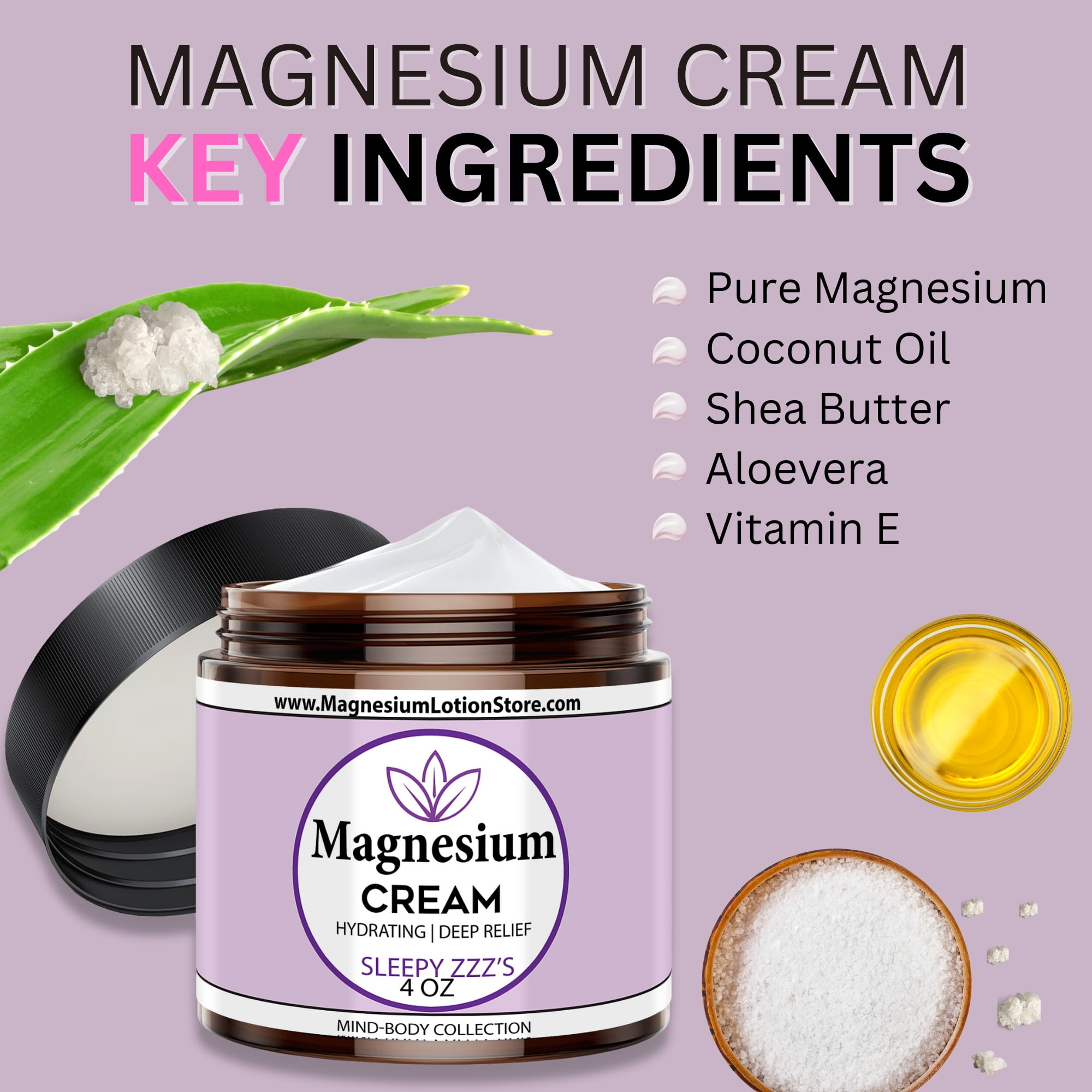 Magnesium Cream with Dead Sea Minerals – Fast Absorbing Topical Body Lotion – Lightweight, Non-Greasy Skin Moisturizer – Made in USA - SleepZZZ Scent