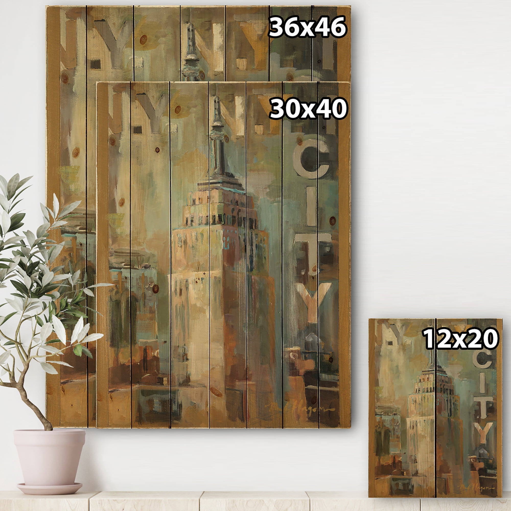 Designart 'Gold Vintage Empire State Building I' Vintage Architecture Print on Natural Pine Wood