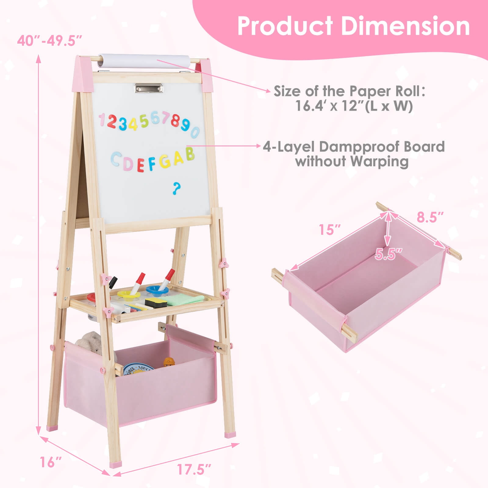 Costway 3-in-1 Kids Art Easel Double-Sided Wooden Adjustable Magnetic Drawing Board Pink