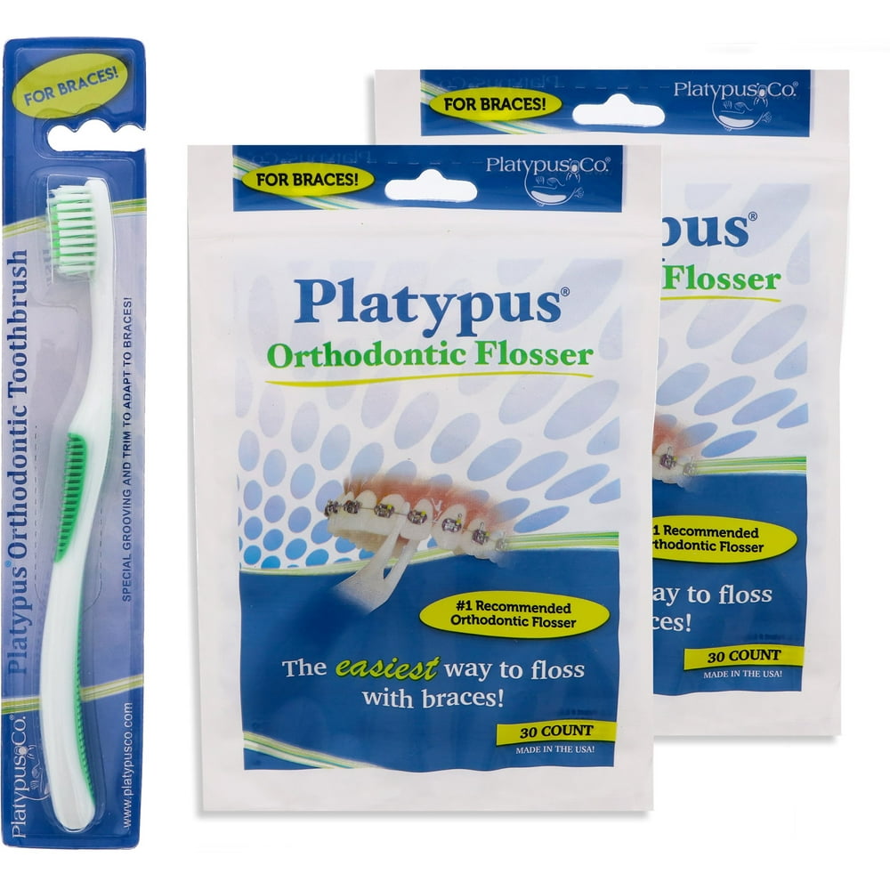 Platypus Ortho Flossers 2 Pack and Orthodontic Toothbrush Bundle 1 ea