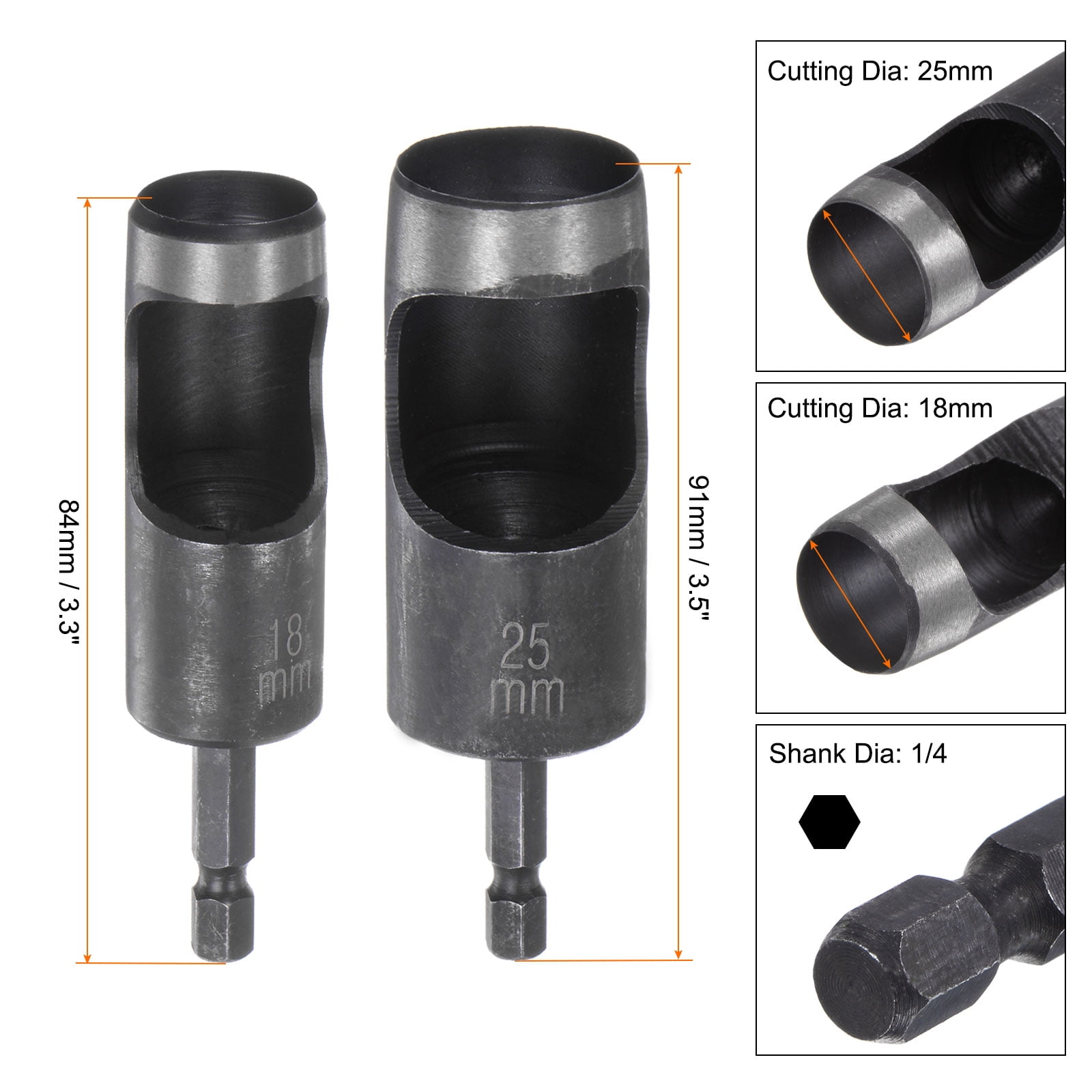 Uxcell 2pack 18mm,25mm Leather Hollow Hole Punch with 1/4" Hex Shank for Drill, Belt Hole Punch Punching Cutter Tool
