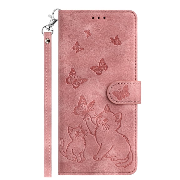 For iPhone 16e Flip Phone Case,With Card Slots,Wrist Strap,Flip Folding Kickstand,Cat Playing Butterfly Emboss PU Leather Design,Shockproof Anti-fall Drop Protection Wallet Case,Pink