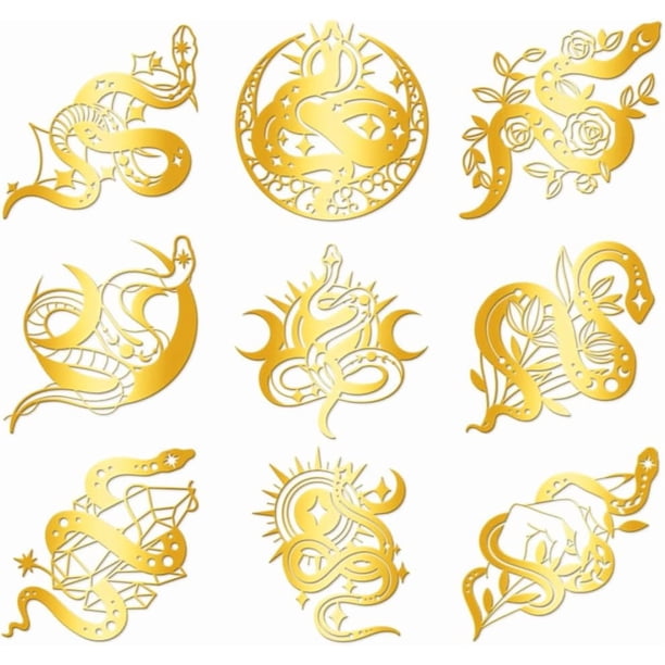 9 pegatinas autoadhesivas doradas de serpiente mística de 4 cm, calcomanías metálicas de animales, estrellas y lunas, pegatinas decorativas de adivinación impermeables.