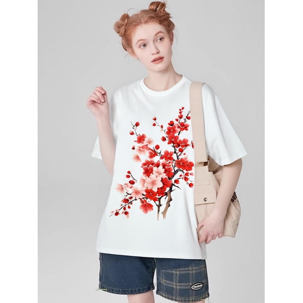 Camiseta De Manga Corta Con Cuello Redondo Para Mujer, Camisetas De Verano Para Uso Diario Y ViajesCherry Blossom Flower Lover Art Graphic Flower T-Shirt.JpgFather's Day, Mother's Day, New Year, Spr