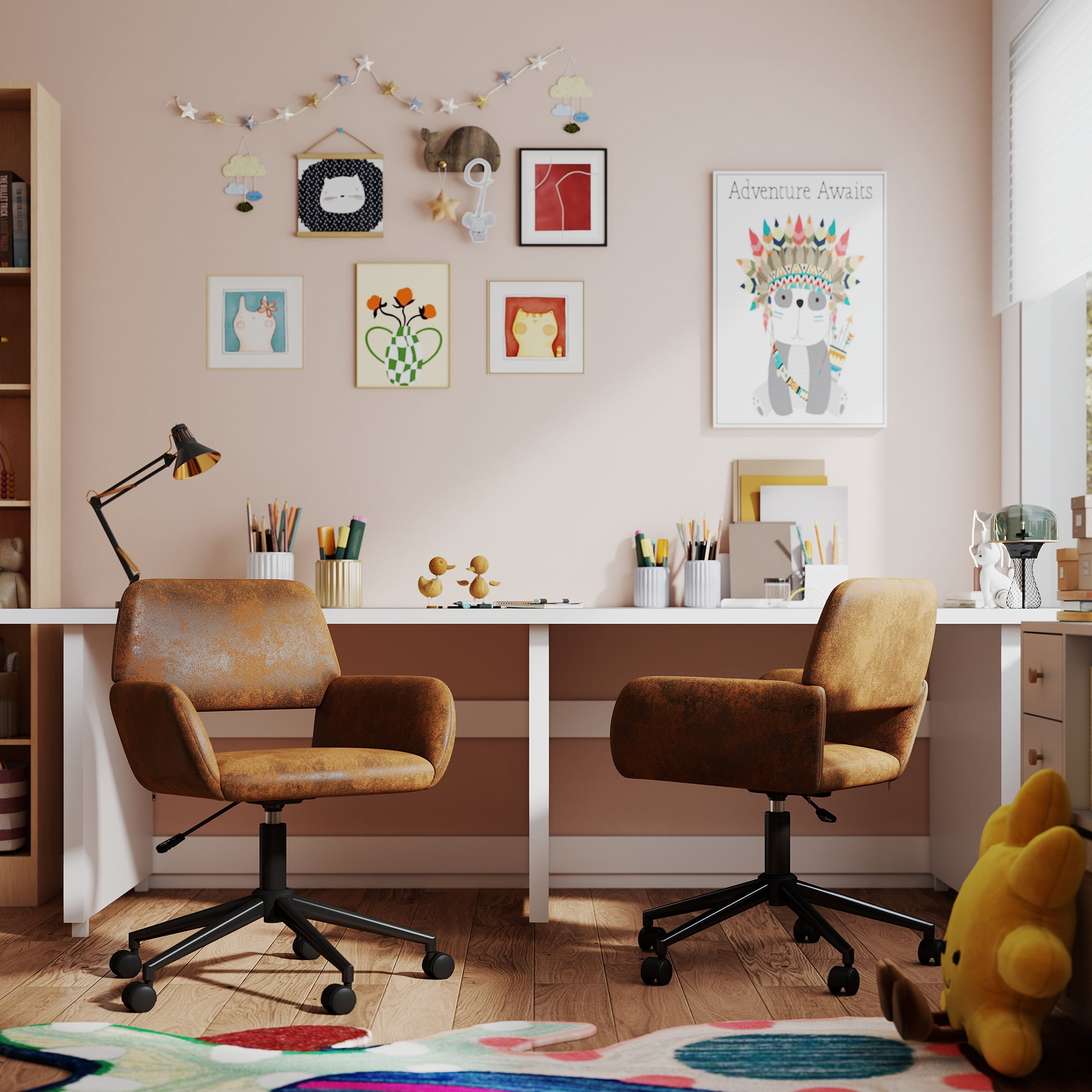 Homy Casa Kids Study Chair - Adjustable Height Swivel Task Chair with Armrests for Homework Play Room, Brown Faux Suede