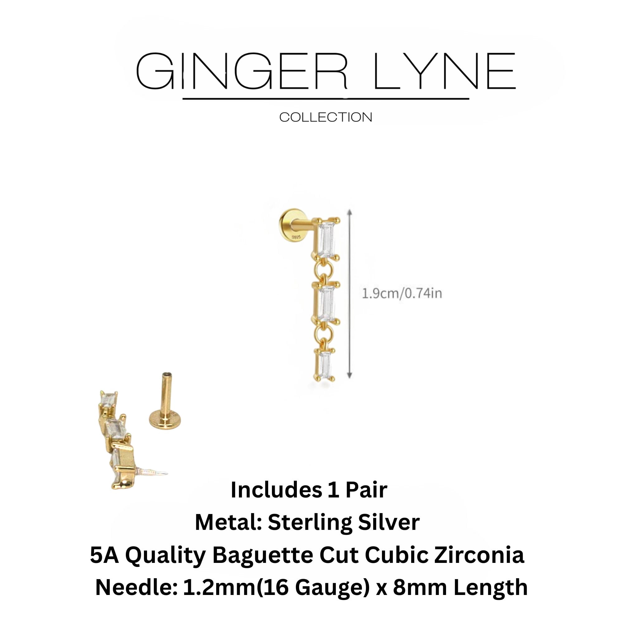 Dangle Flat Back Earrings for Cartilage Helix Tragus Upper Lobe Gold Plated Sterling Silver 1 pair by Ginger Lyne