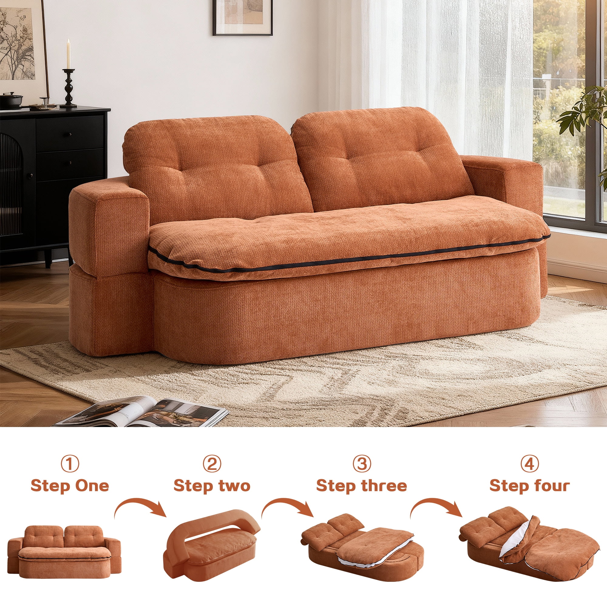 Jopath Sleeper Sofa Bed with 2 Pillows,Corduroy Convertible Futon Sleeper Sofa Couch,Modern Floor Sofa Bed,Folding Mattress for Living Room,Small Spaces,Caramel