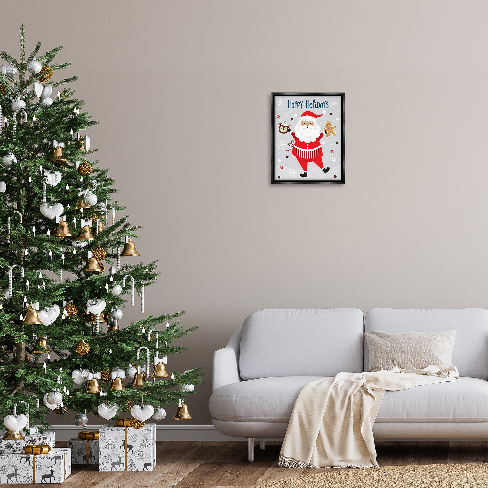Stupell Industries Santa with Cocoa & Cookie Holiday Painting Black Floater Framed Canvas Art Print Wall Art, 17 x 21