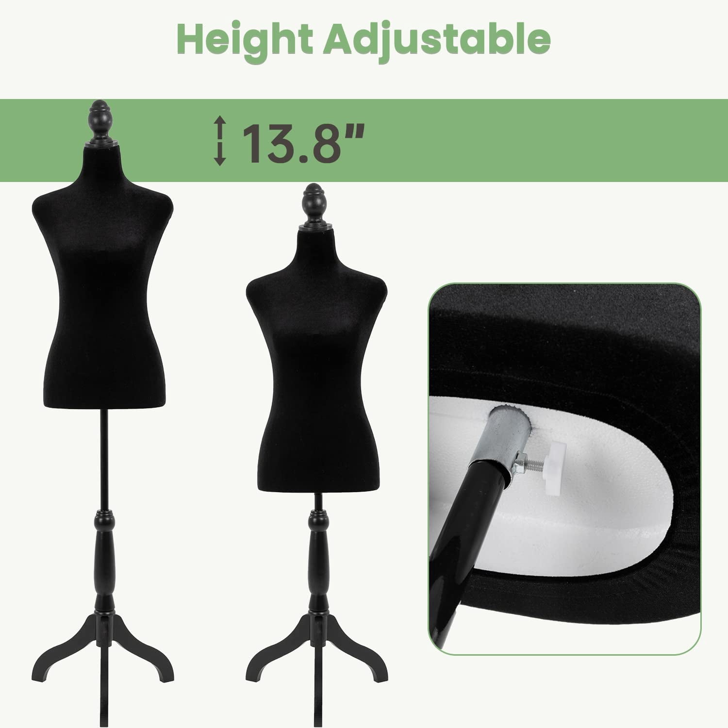 Mannequin Body Female, Dress Form Mannequin Torso Manikin with 49.6-63.8 inch Height Adjustable Wooden Tripod Stand, High Density Foam Portable Display Mannequin for Sewing Dress Display, Black