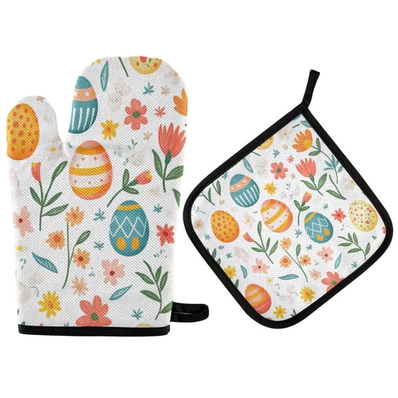 Yayeee Oven Mitts and Pot Holder Set of 2 Heat Resistant Kitchen Gloves Baking Hot Pad, Floral Easter Eggs
