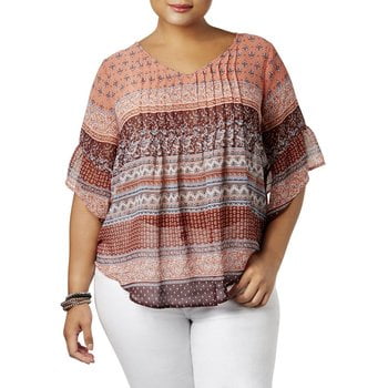 Chiffon Mix - Style & Co. Womens Plus Chiffon Mixed Print Blouse Pink 3X