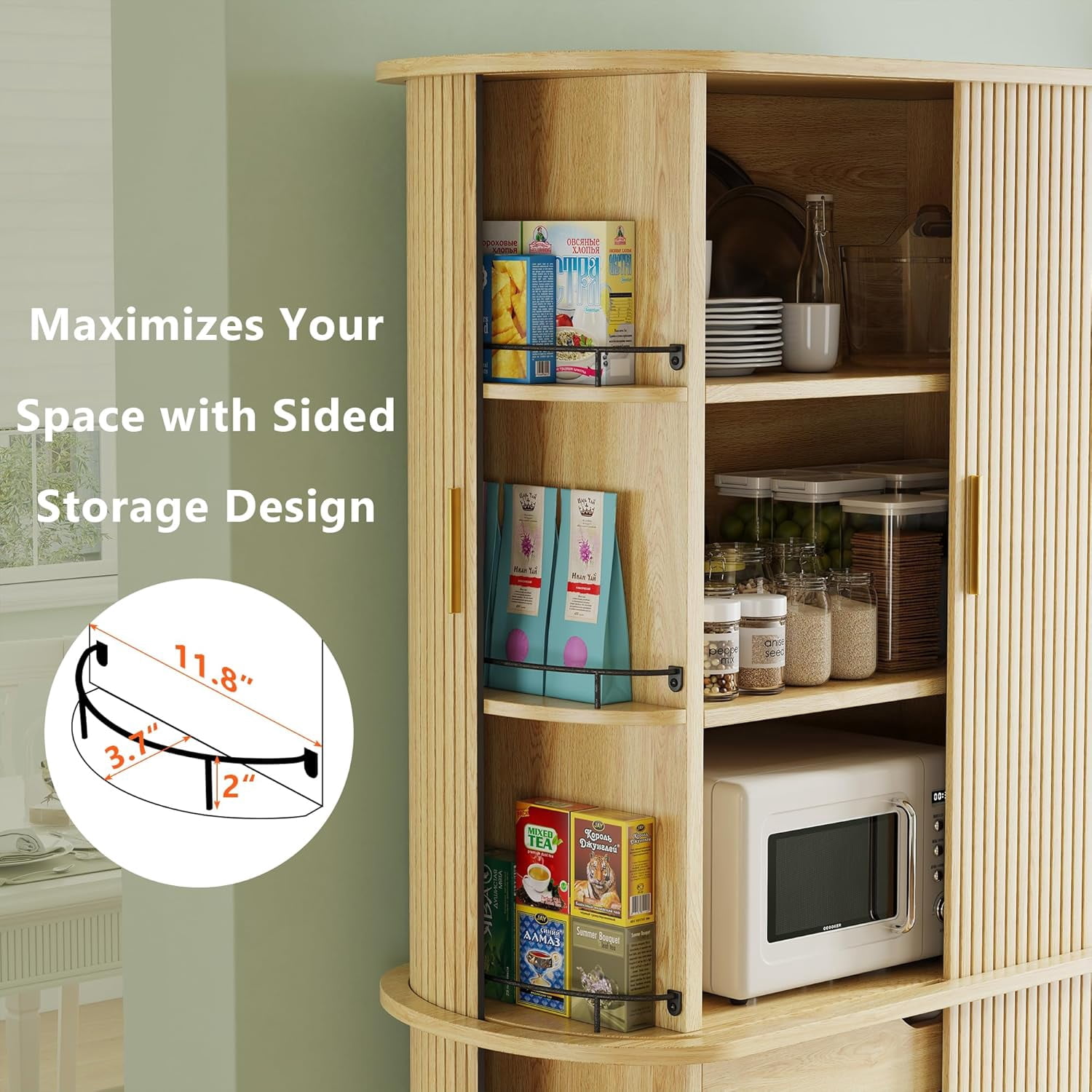 iPormis 64" Kitchen Pantry with Sliding Doors, Tall Farmhouse Curved Pantry Storage Cabinets with Drawer & Pull Out Shelves, Freestanding Wood Cupboard for Kitchen Dining Room Living Room, Natural