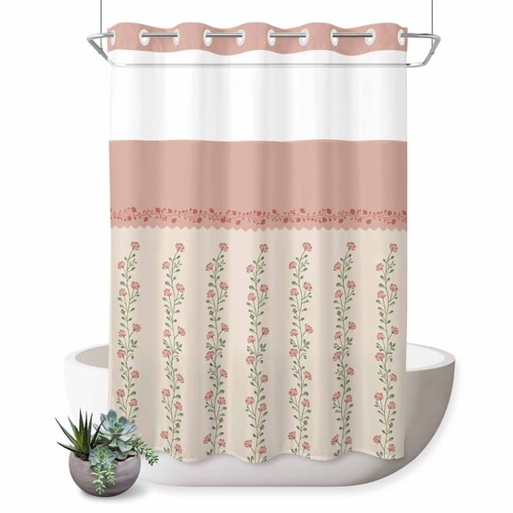 No Hook Shower Curtain, Spring Pink Floral Shower Curtains for Bathroom with See Through Top Window, Vintage Farmhouse Flowers Art Waterproof & Washable Bath Curtain 60"x72"