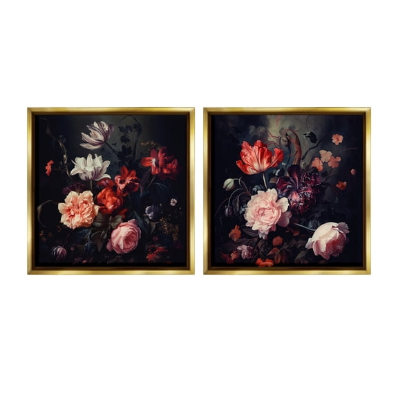 Stupell Industries Vintage Bouquet on Black Botanical & Floral Photography Gold Floater Framed Canvas Art Print Wall Art, 18 x 18, Set of 2
