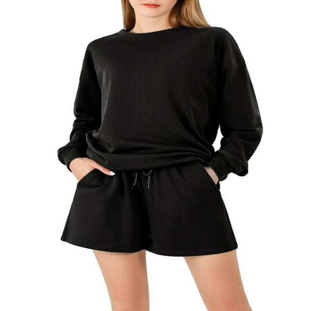 Ensemble Automne 2 Pcs pour Femmes Chandail en Molleton Col Rond et Shorts