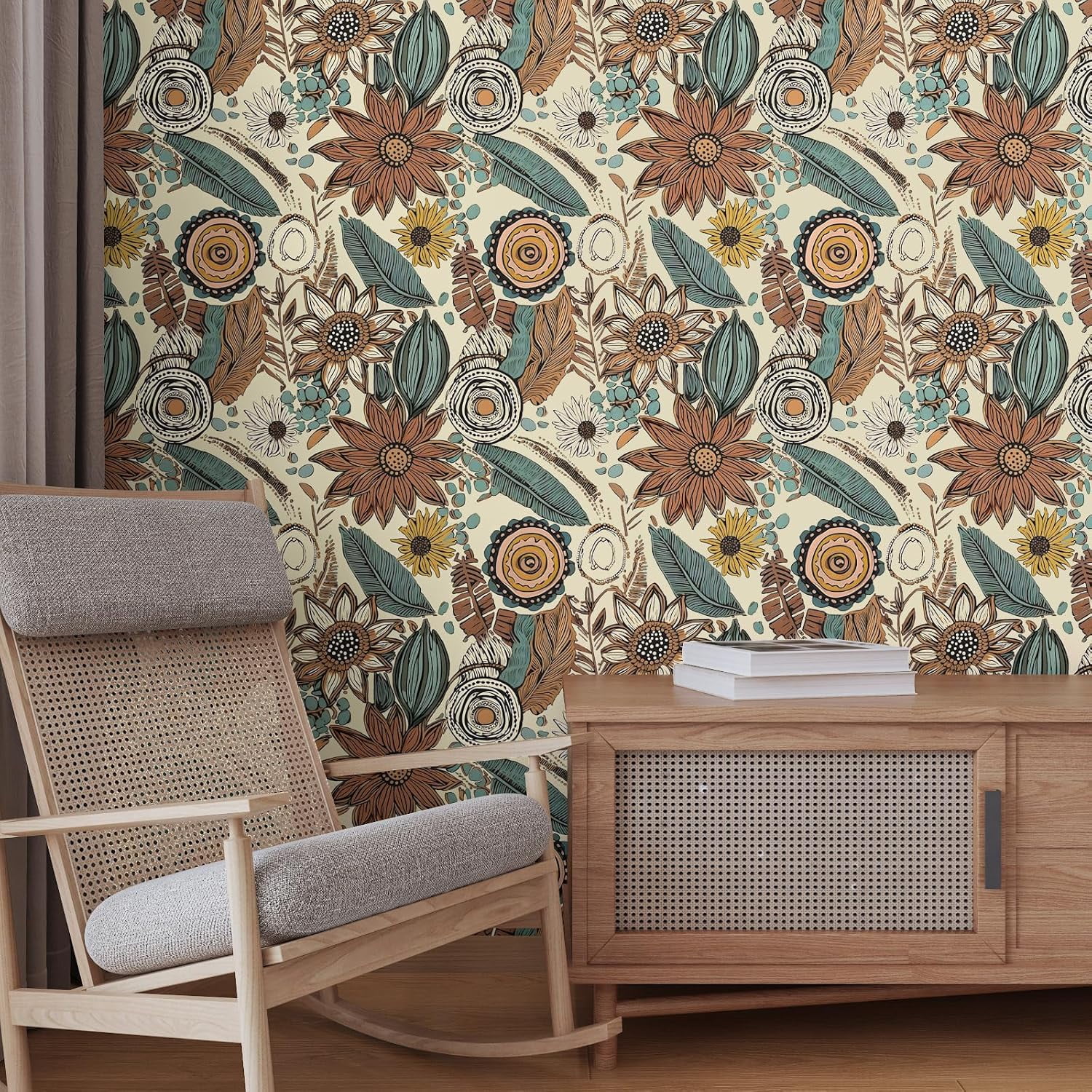 Boho Wallpaper Peel and Stick,Vintage Floral Contact Paper 17.5" x 118", Retro Botanical Flowers Wall Paper Self Adhesive Removable Waterproof for Walls Shelves Cabinet Table (Beige,Brown, Blue)