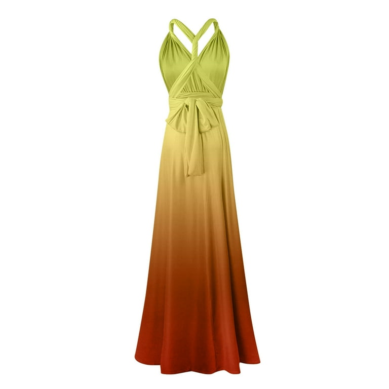 QLEICOM Women Sleeveless V Neck Evening Cocktail Long Dress Cross Back  Wedding Dresses Elegant Gradient Evening Gown Maxi Long Dress Yellow XL, US  Size: 10 - Walmart.com