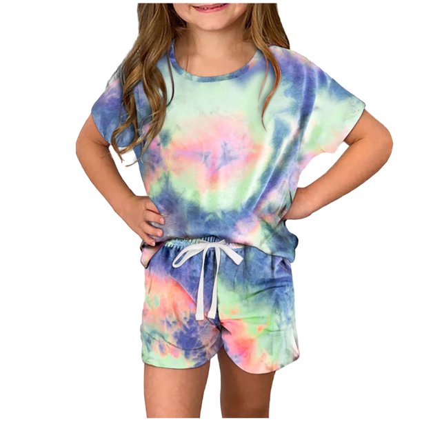 Conjunto de dos piezas de verano para niñas y niños de hoksml, camiseta de manga corta con cuello redondo y estampado de cintura elástica, pantalones cortos con cordones y lazo, conjunto informal de