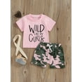 thumbnail image 2 of Suealasg Western Little Girl 2Pcs Outfits Set 1T 2T 3T 4T 5T Kids Girl Short Sleeve Tops + Camouflage Print Shorts Summer Beach Party Clothes for Children Girls, 2 of 9