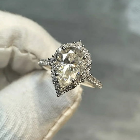 Cora Jewellery Art Deco Pear Moissanite Halo Engagement Ring For Women, 14K Yellow Gold