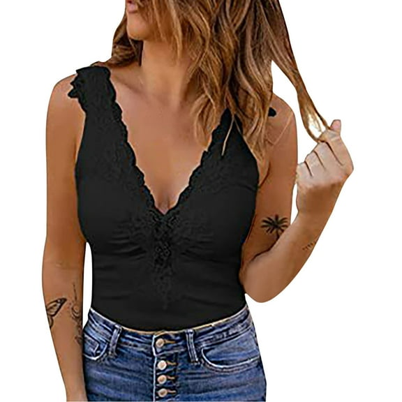 USSUMA Camisole Tops for Women Womens Tops Dressy Casual Fashion Sexy Womens V-Neck Patchwork Lace Short Camis Tops Vest Up to 45% Off Womens Tops