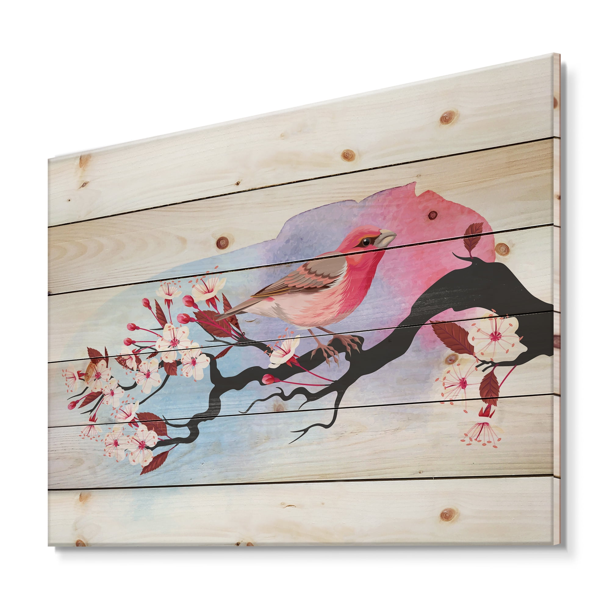 Designart 'Pink Bird Sitting On Cherry Branch' Traditional Print on Natural Pine Wood