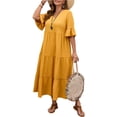 thumbnail image 5 of LWavelet Women's Plus Size Tiered Maxi Dress 3/4 Sleeve V-Neck Ruffle Cuff Casual Loose Dress Yellow 4XL, 5 of 5