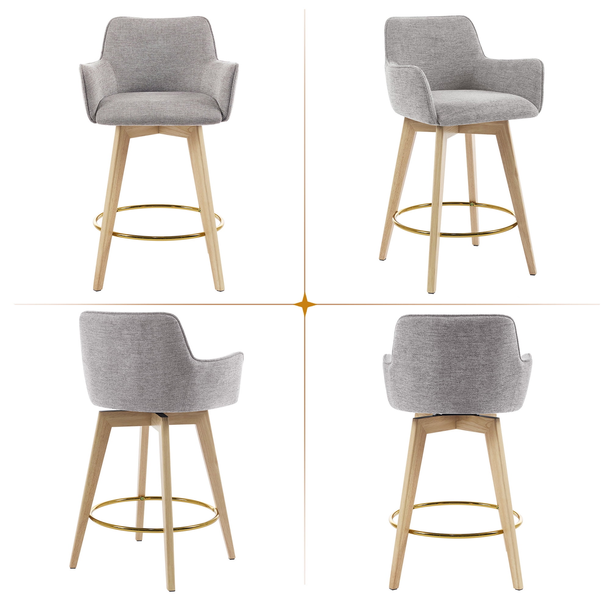 Zesthouse 26.6" Modern Bar Stools Counter Height, Swivel Single Bar Stool for Kitchen Island, Upholstered Linen Barstools with Barrel Back, Arms and Solid Wood Legs, Gray